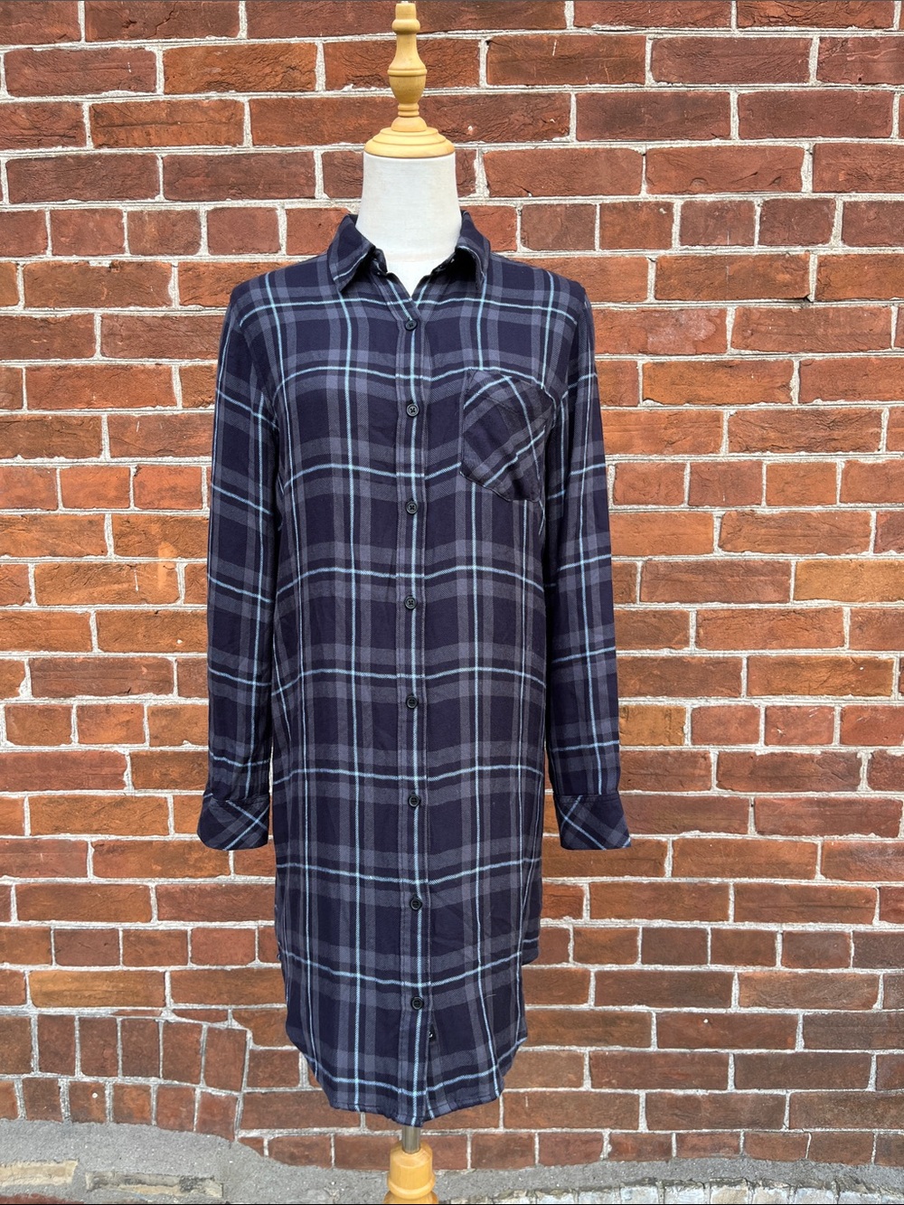 Rails Navy Gray Plaid Shirt Dress with Light Blue Accents
